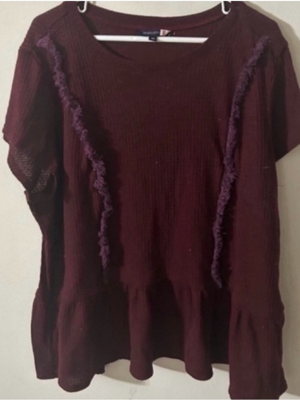 Modcloth Size 3x Waffle Deep Wine Short-Sleeve Ruffle Accent Top